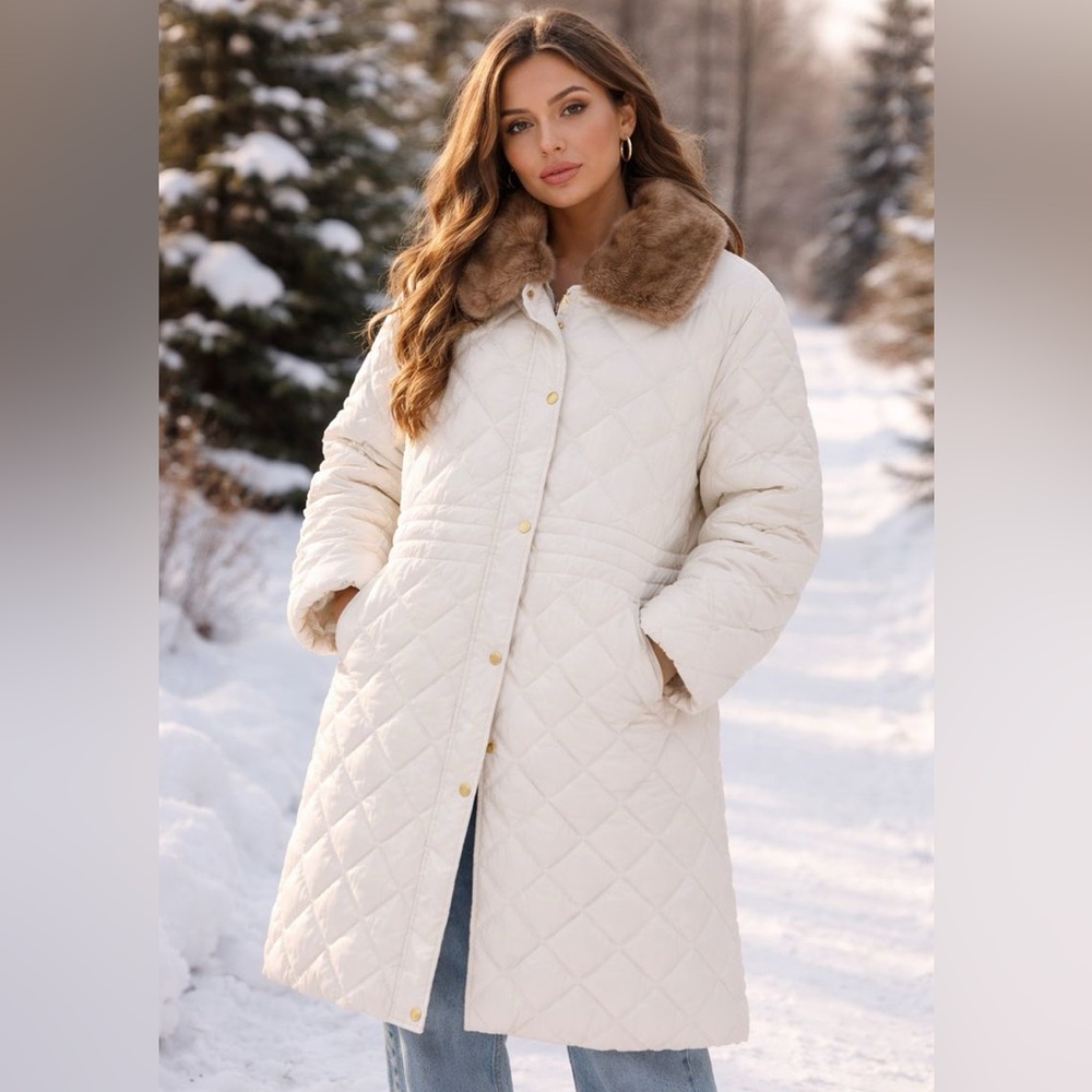Liz Claiborne White Quilted Puffer with Removable, Faux Fur Collar - 3X